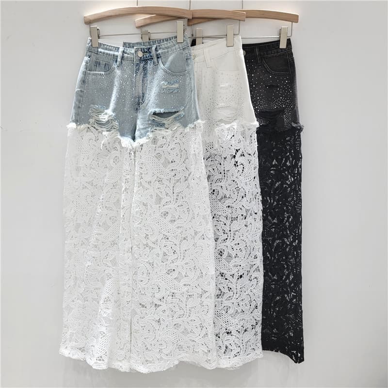Women's Black High Waist Wide Leg Jeans Summer Lace Embroidery Hollow Out Fashion Loose Straight Denim Pants