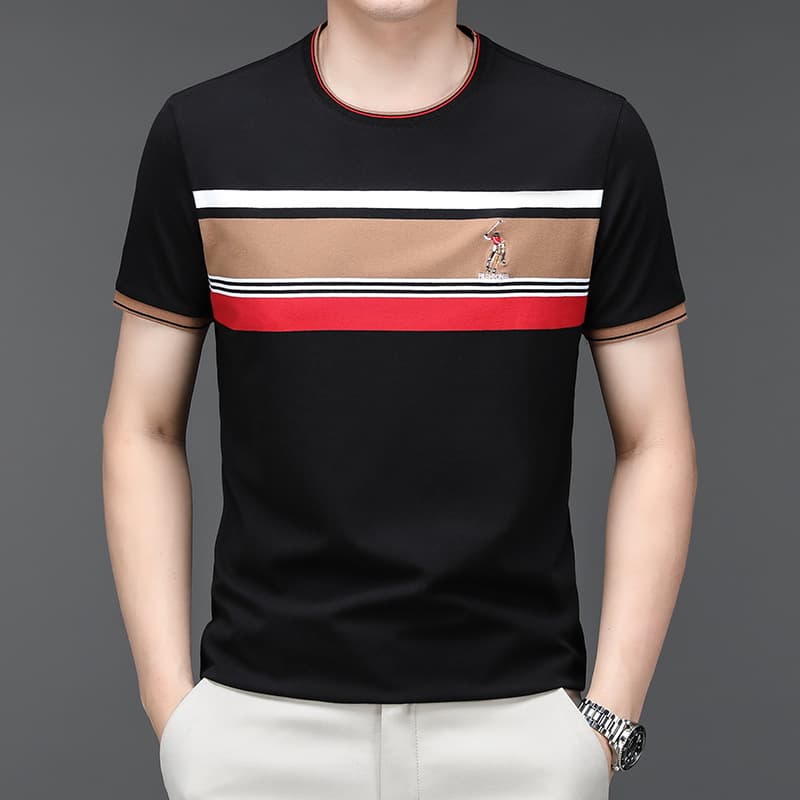 Men's Clothing Summer Polo Shirt Mercerized Short Sleeve T Shirt Men's Round Neck Red And White Striped Loose Ice Silk Half Sleeve T Shirt