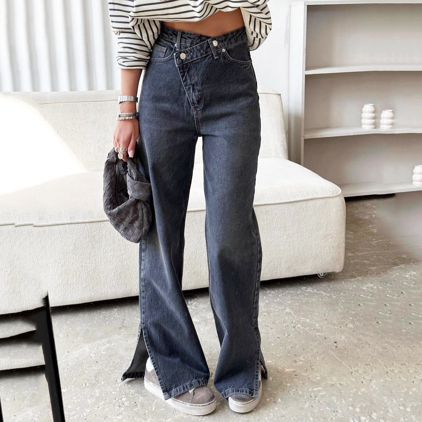 Women's Clothing Waistband Dislocation Jeans Women Autumn Design High Waist Split Straight Trousers