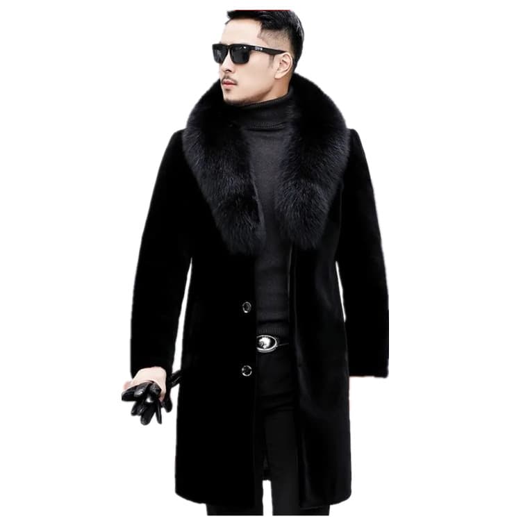 Fur coat men's mid length Haining fur one piece mink plus velvet thickened warm middle aged and elderly men's coat