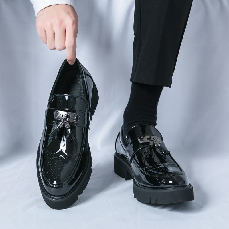 Black Loafers For Men Patent Leather Tassels Round Toe Block Mens Formal Shoes Handmade Size 38-46 Mens Shoes