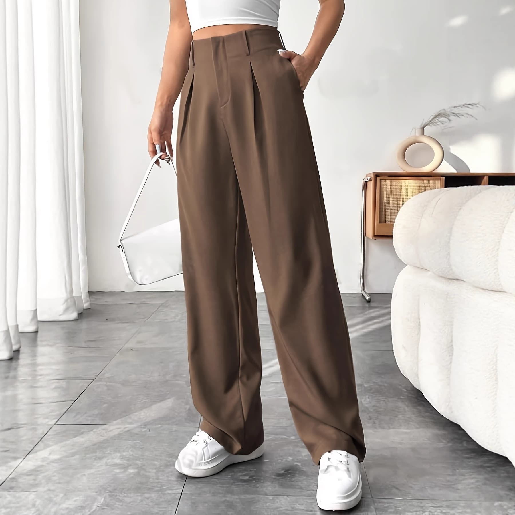 Women's High Waist Wide Leg Dress Pants - Office & Casual Trousers With Flowy Drape In Coffee/Black/Light Gray/Chocolate
