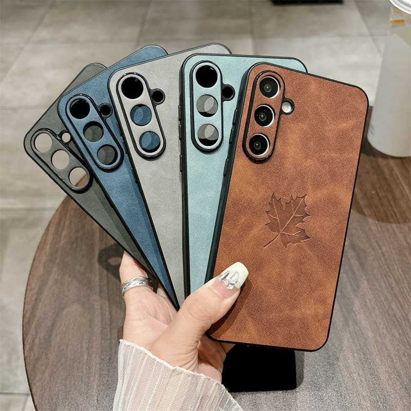 For Samsung Galaxy A55 A35 A25 A15 A54 A34 A24 A14 A23 A13 A52 A12 A04s Case Retro Vintage Lambskin Leather Fabric Leaf
