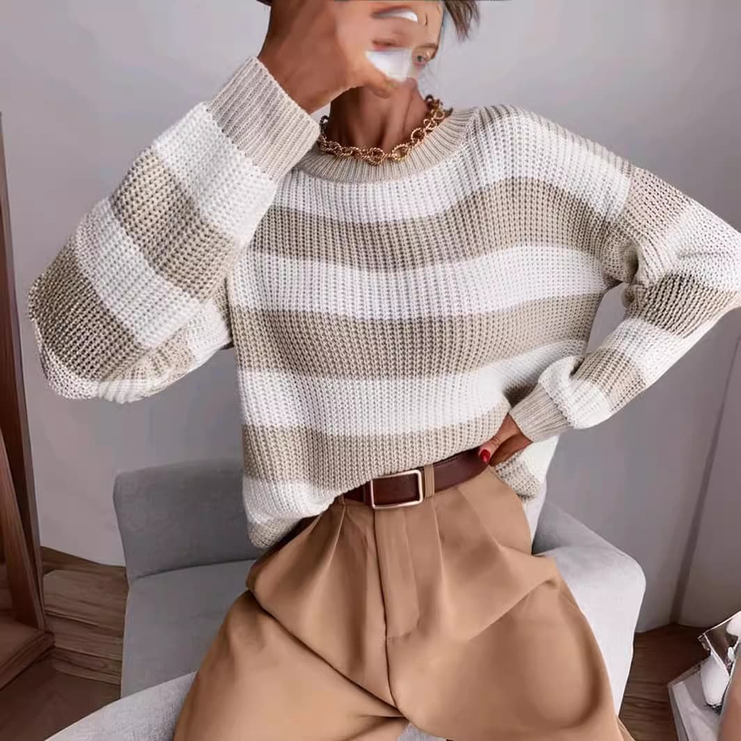 Stylish Color-Block Knit Sweater For Women - Striped Loose Fit Pullover, Soft Acrylic Blend, Casual & Office Wear