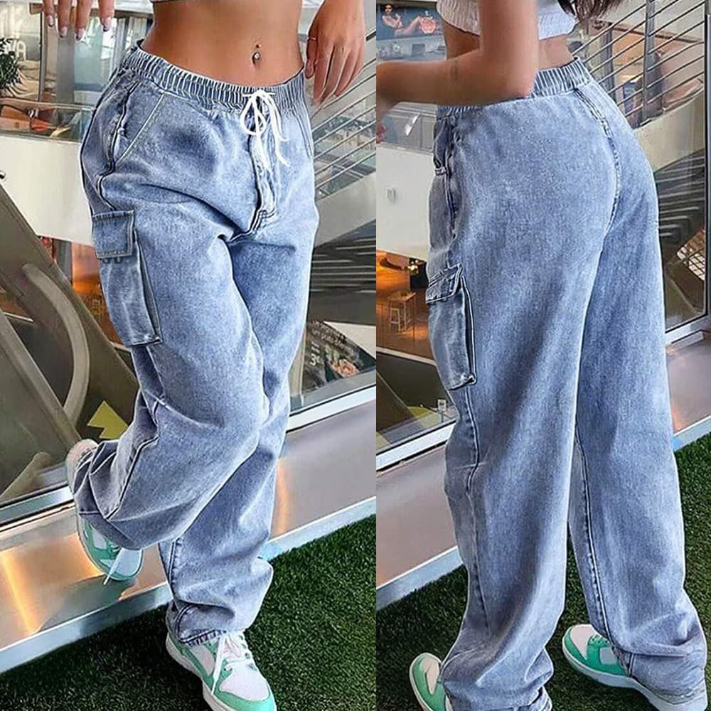 Women's Clothing Utility Cargo Pants Women – Oversized Drawstring Waist Jeans (Light Blue, S-XXL)