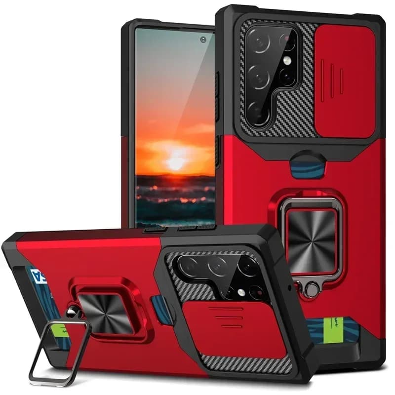 Coque antichoc Armor pour Samsung Galaxy S25 Ultra Plus S24FE A16 A06 A55, support d'anneau coulissant, objectif d'appareil photo, fente pour carte,