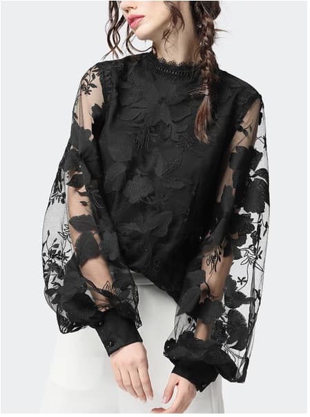 Women's Clothing Lace Puff Sleeve Transparent Round Neck Solid Color Top Shirt