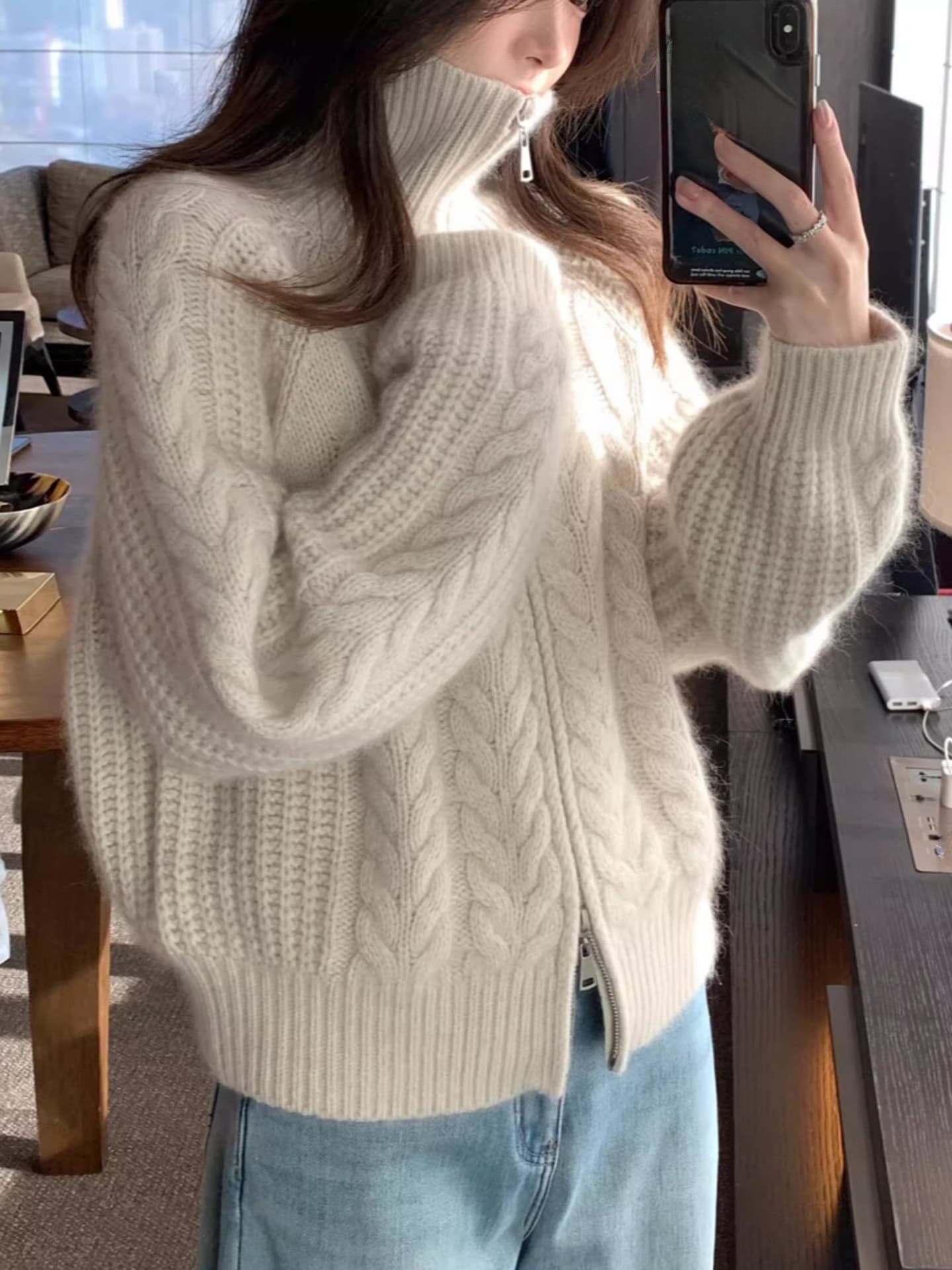 European Style High Collar Thick Knit Cardigan For Women 2026 Heavy Craft Twist Zipper Autumn Winter Thickened Knitted