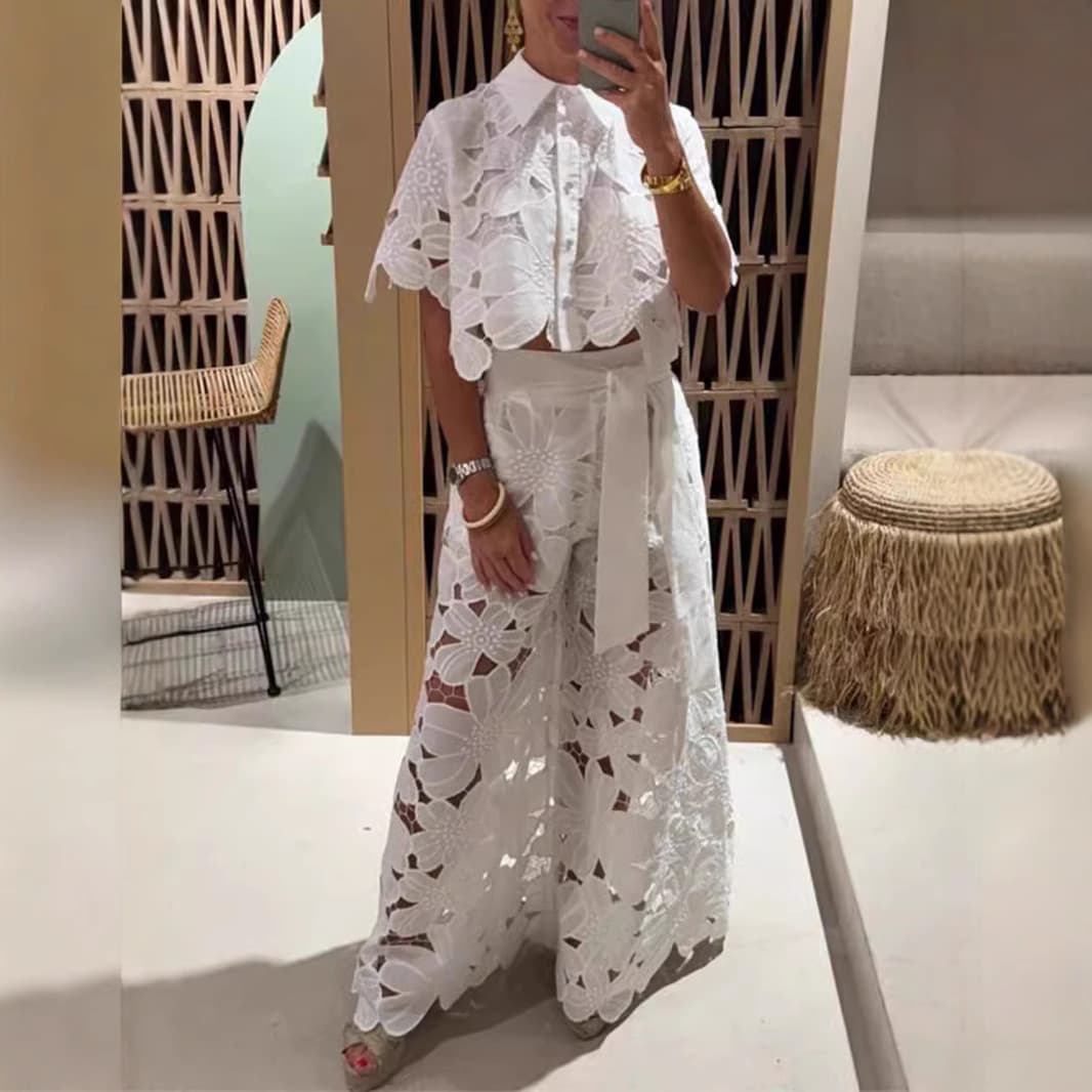 Women's Clothing Solid Color Sexy Hollow Cardigan Top Wide Leg Pants Two-piece Set For Women