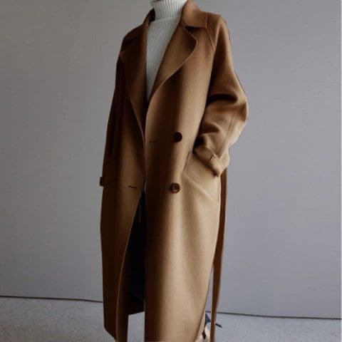 In stock 2023 autumn and winter New Girl coat Japanese and Korean mid-length belt loose over-the-knee solid color woolen coat