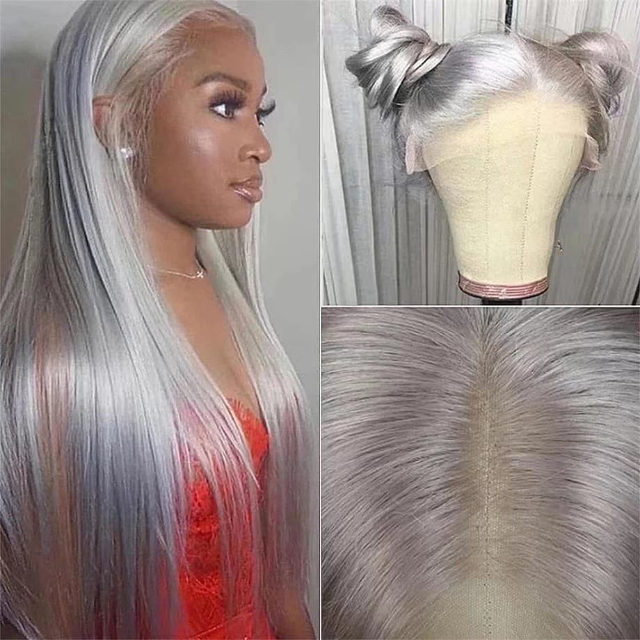 Synthetic Hair Lace Front Wigs Hot Sale In Long Straight Hair Silver Gray Wigs Pre Plucked
