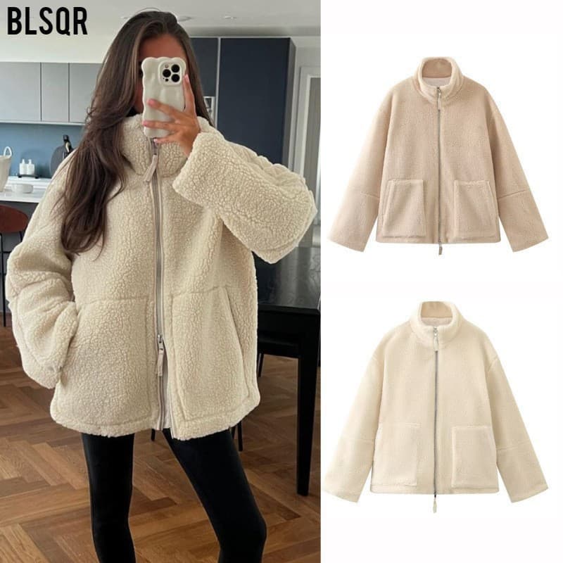 Women's High-Neck Fleece Coat – Cozy Oversized Teddy Jacket For Fall & Winter, Minimalist Street Style