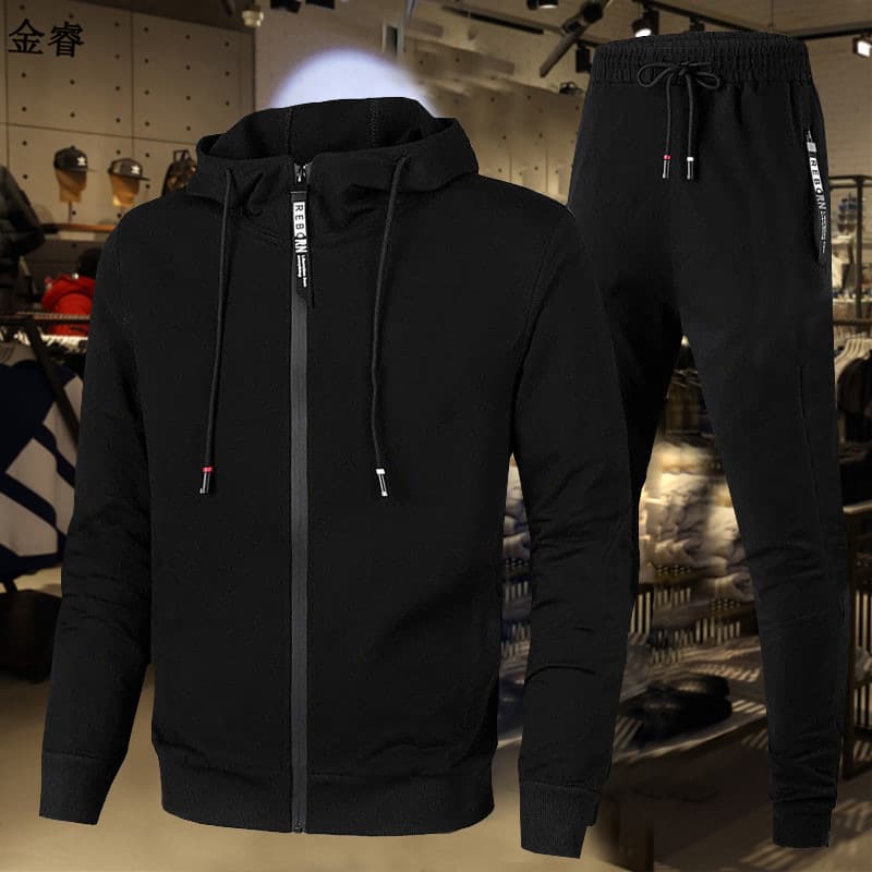 ​​Men's Waterproof Hooded Sweatshirt & Sweatpants Set – Autumn Air Layer Zipper Tracksuit (Black/Navy/Light Gray/Red, M-XXXL)​​