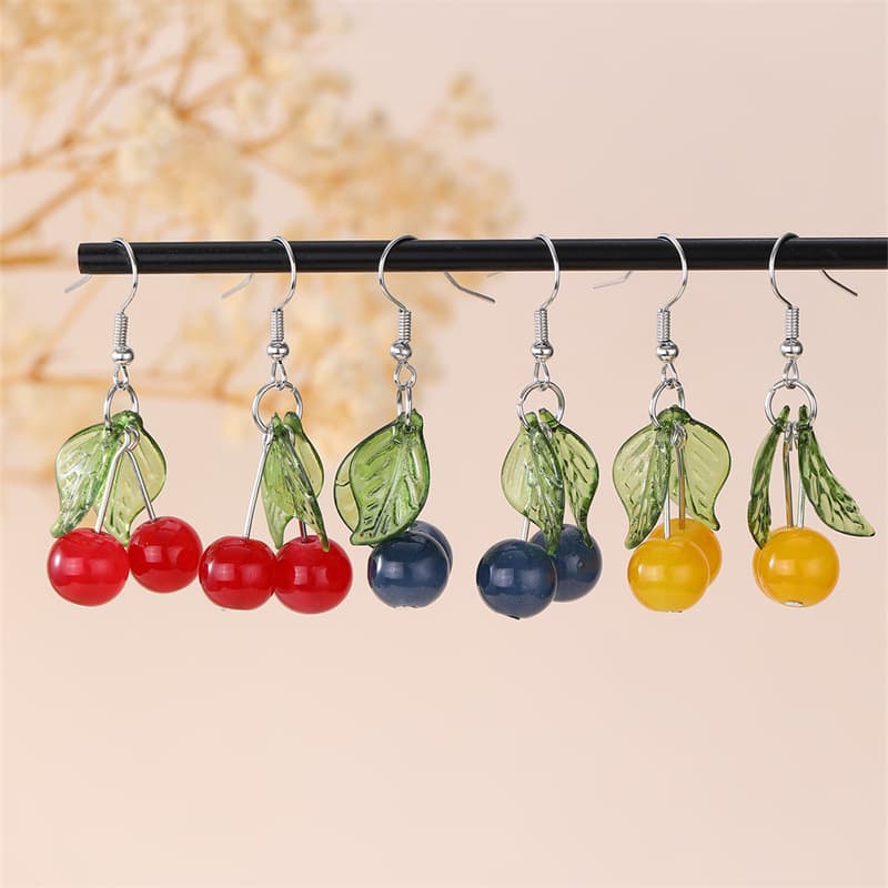 Cherry Multi-color New Fruit Pendant Green Leaf Fresh Women's Stud Earrings Jewelry