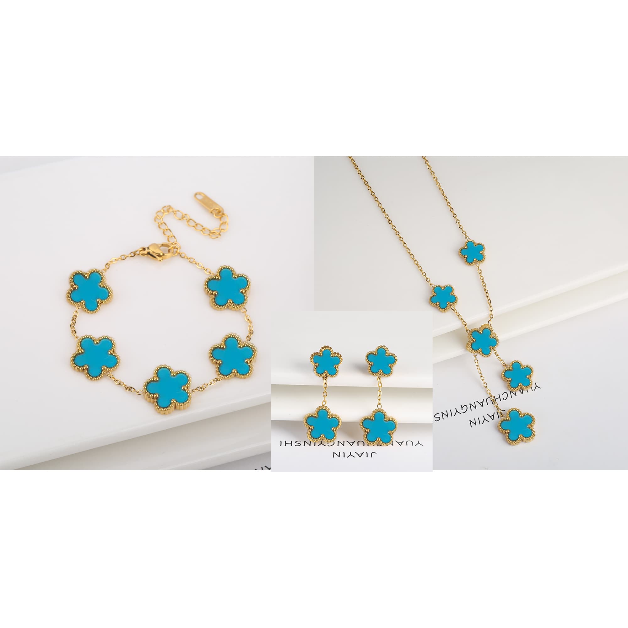 Ensemble de 3 pièces plaqué or 18 carats : collier, boucles d'oreilles et bracelet en forme de fleur à cinq feuilles. Bijou tendance pour femme, i