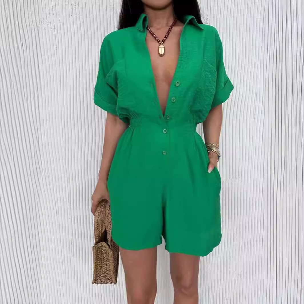 [Cotton Linen] Women's Clothing Solid Color Short-sleeved Casual Loose Jumpsuit Shorts Suit Women
