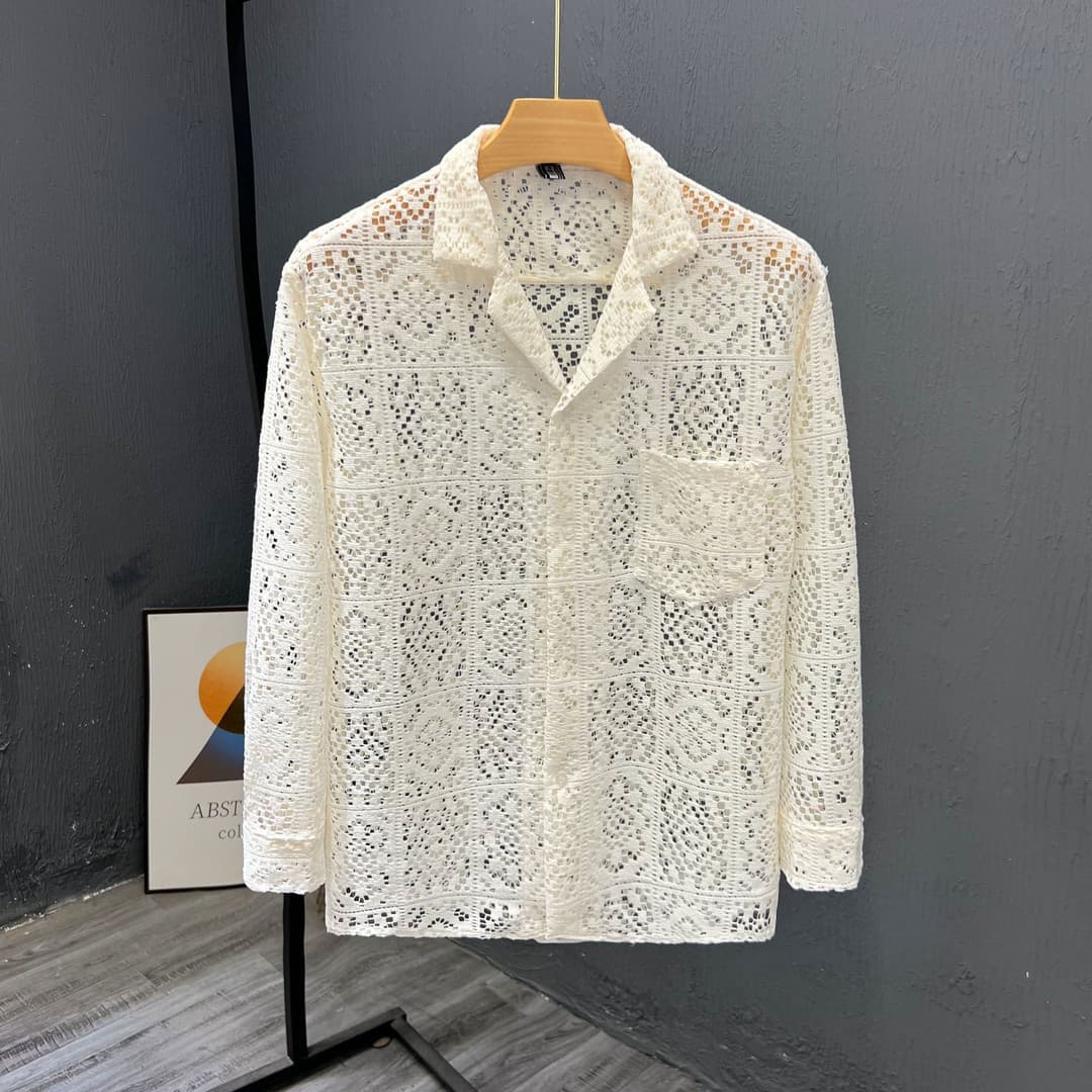 Men's Summer New Long Sleeve Jacket Advanced Hollow Design Trendy Top Thin Cool Breathable Shirt