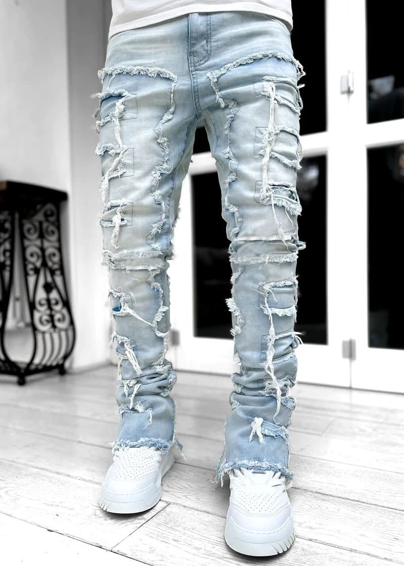 New Street Men's Jeans Fashionable Trendy Straight Leg Trousers Micro Flared Tassel Patch Pants