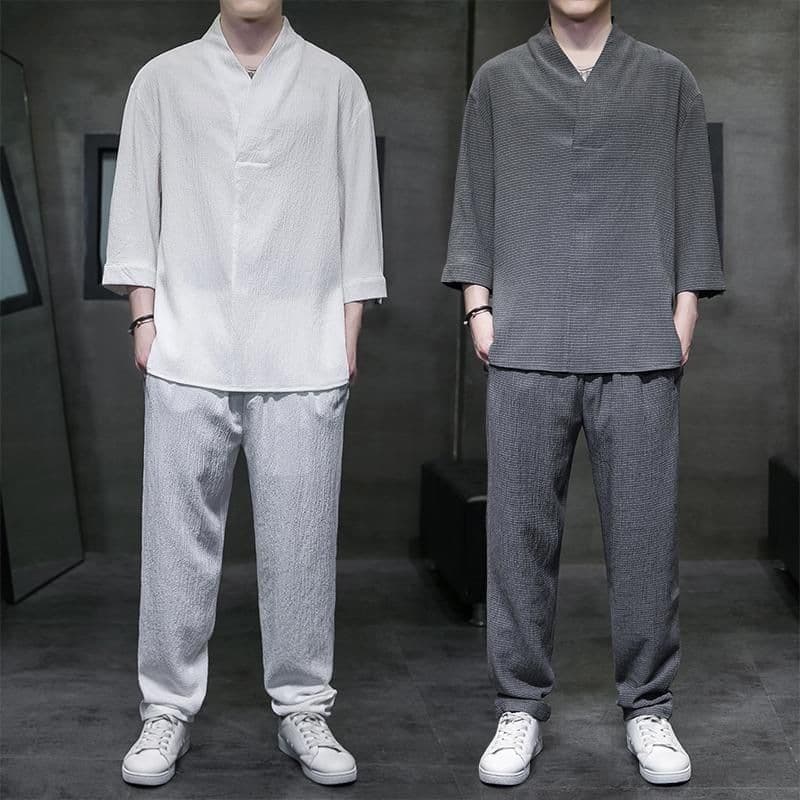 Men's Clothing New Thin Casual Sports Suit Men's Summer High End V Neck Slim Fit Three Quarter Sleeves Two Piece Suit
