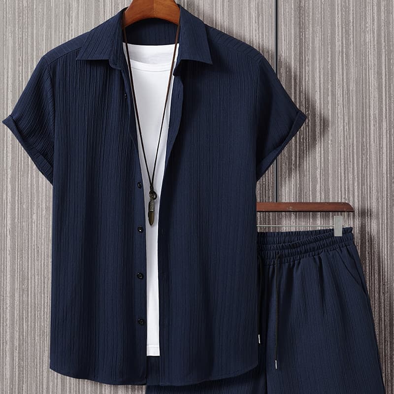 Men's Clothing Jacquard Men's Striped Short Sleeved Shirt Button Down Lapel Suit Men's Fashion Trend