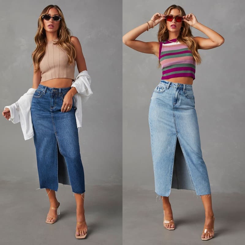 New Slit Denim Skirt Women's High Waist Washed A-Line Skirt Mid-length Skirt
