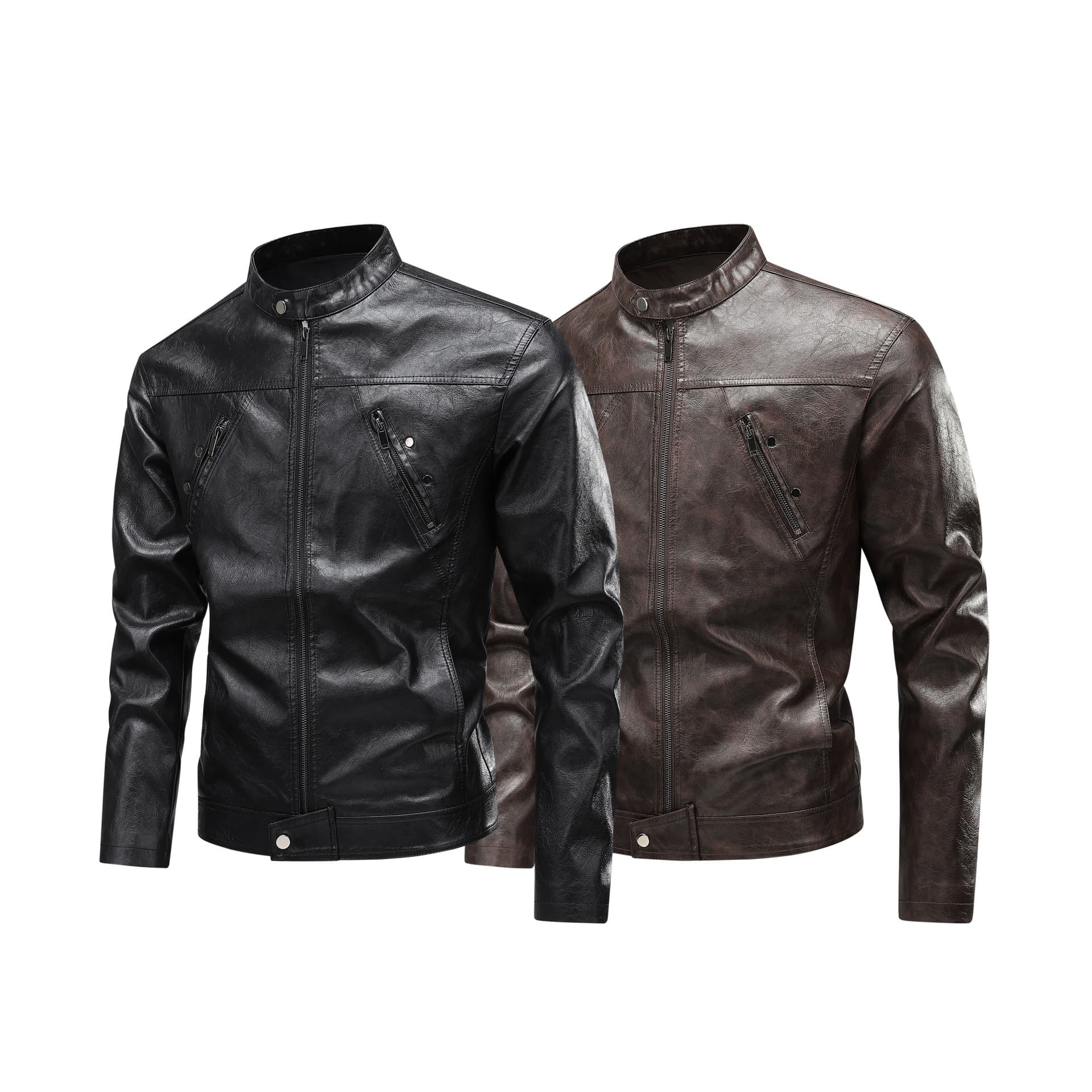 "Men's PU Leather Jacket - Slim Fit Stand Collar Biker Jacket For Motorcycle & Streetwear (S-3XL, Black/Brown)"