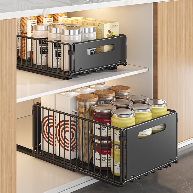 Kitchen Storage Rack Pull Out Basket Double Layer Seasoning Snack Bottle Storage Rack Cabinet Layered Rack