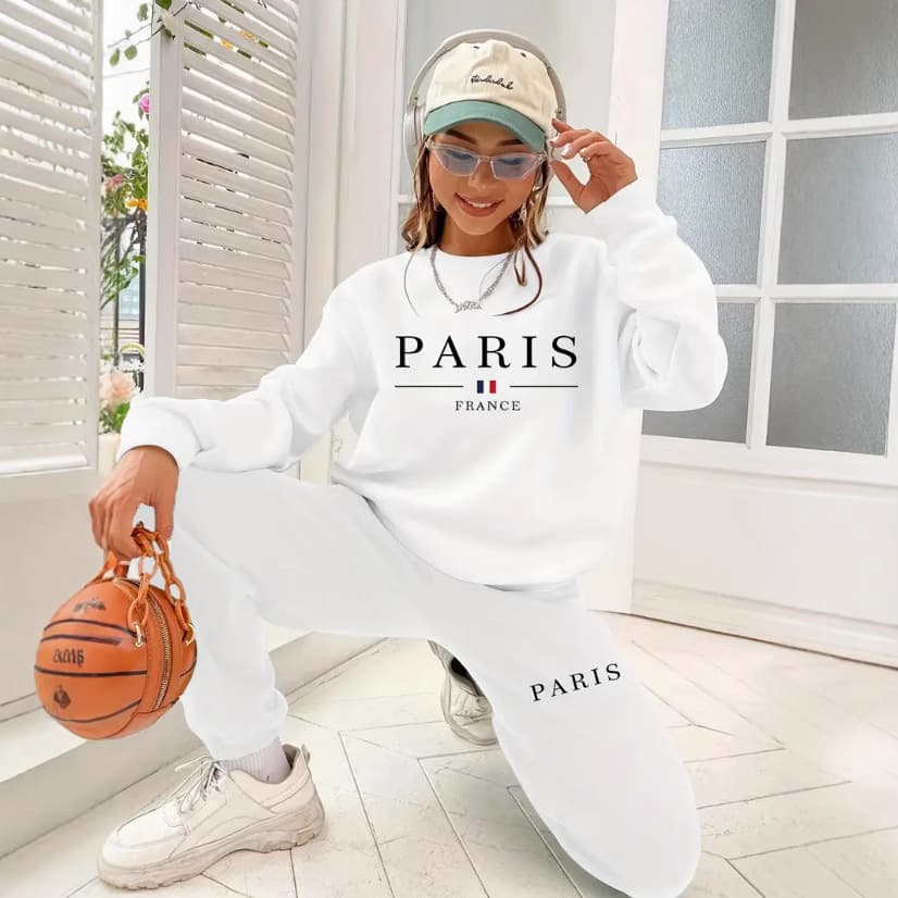 Women's Printed Two Piece Tracksuit, Long Sleeve Pullover Top And Drawstring Waist Pants, Casual Sportswear For Spring And Fall