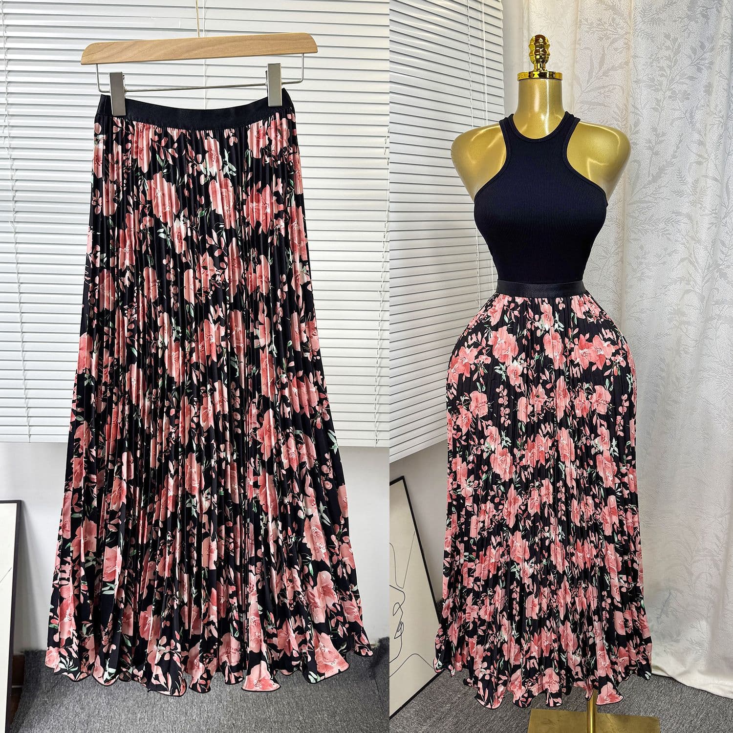 Floral Print A-Line Midi Skirt With Elastic Waist - Vintage-Inspired High Waist Pleated Skirt For Women​