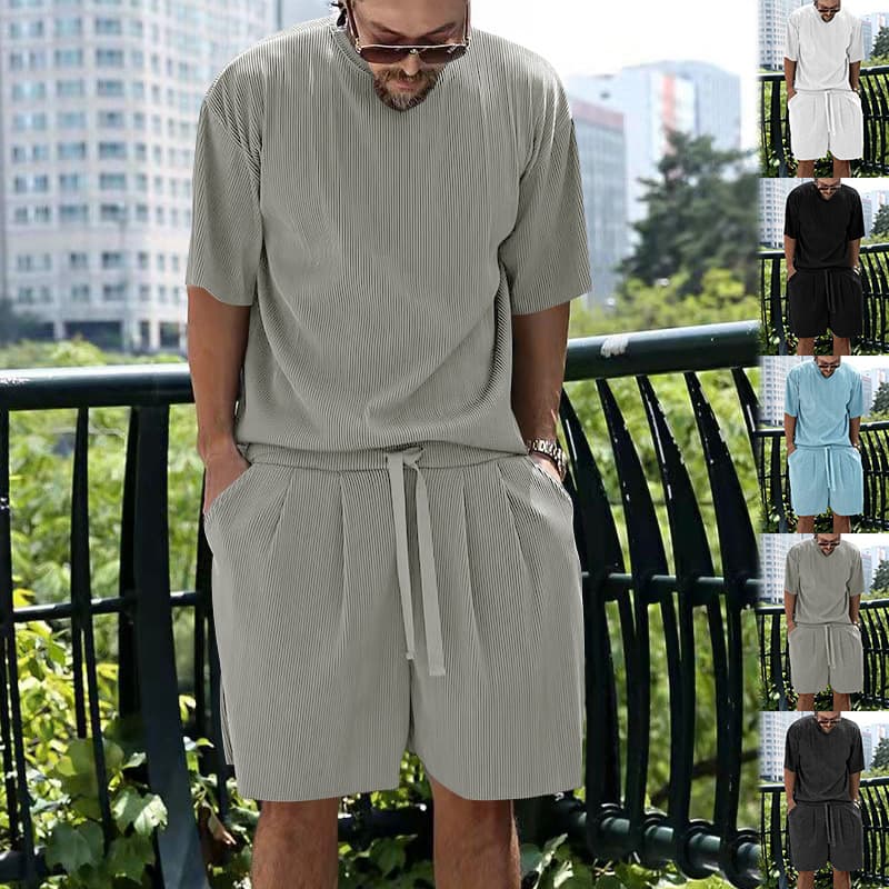 2024 Europe and the United States men's summer suit ice silk pit stripes loose short-sleeved shorts solid color leisure suit men