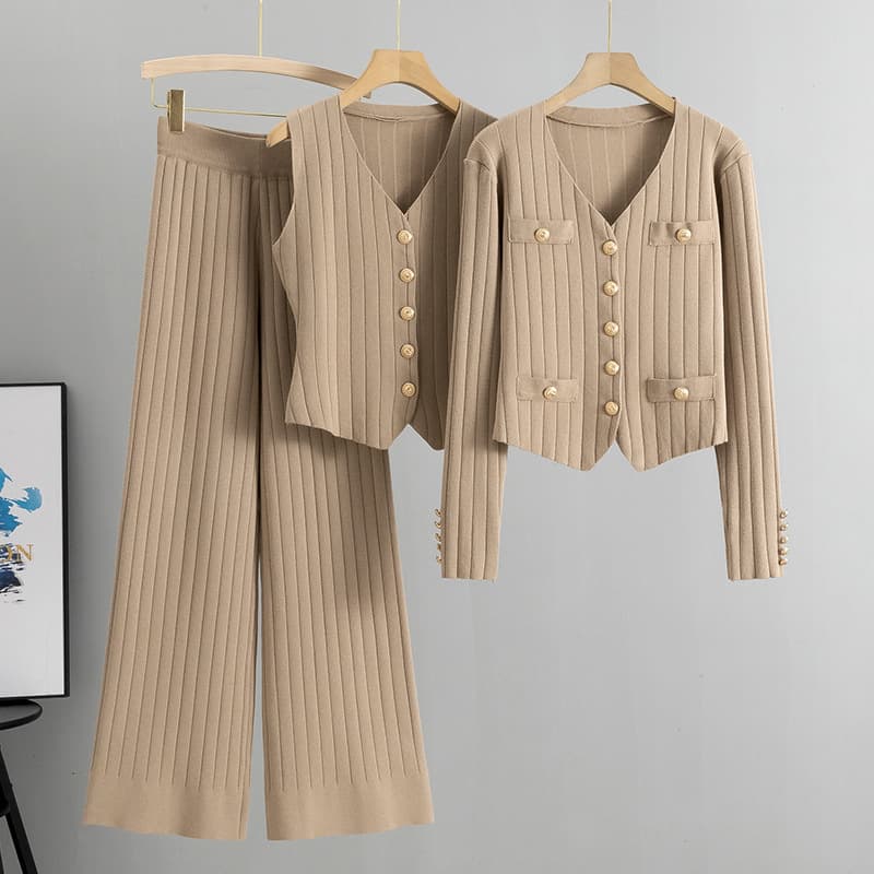Women's Clothing wide leg pants sweater three piece suit female 2024 spring and autumn new vest knitted cardigan suit