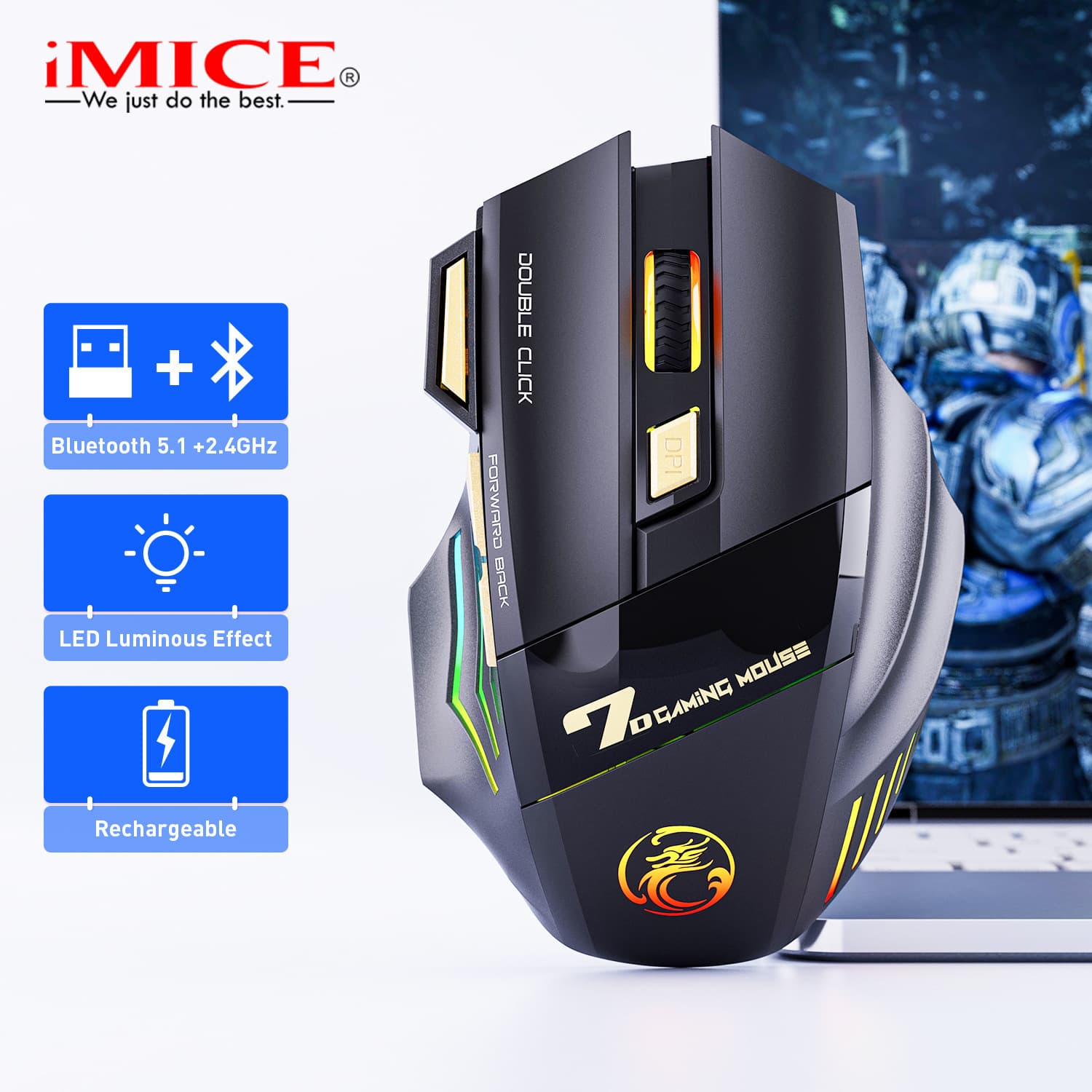 2.4G Wireless Silent Gaming Mouse With RGB Breathing Light, Rechargeable, 7-Key Programmable, Ergonomic Design For Laptop/PC (GW-X7)​