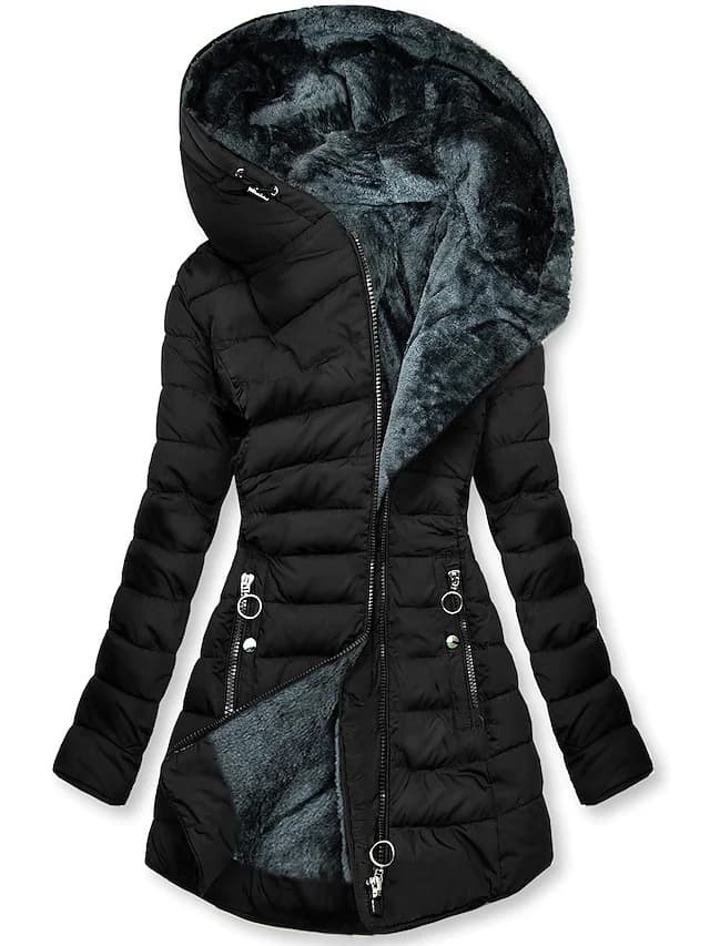 Women's fashion plush hooded long diagonal zipper cotton-padded coat