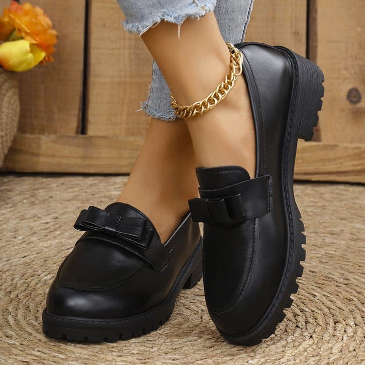 Small Leather Shoes Women's New Thick Soled Bow A Slip-on Large Size Loafers