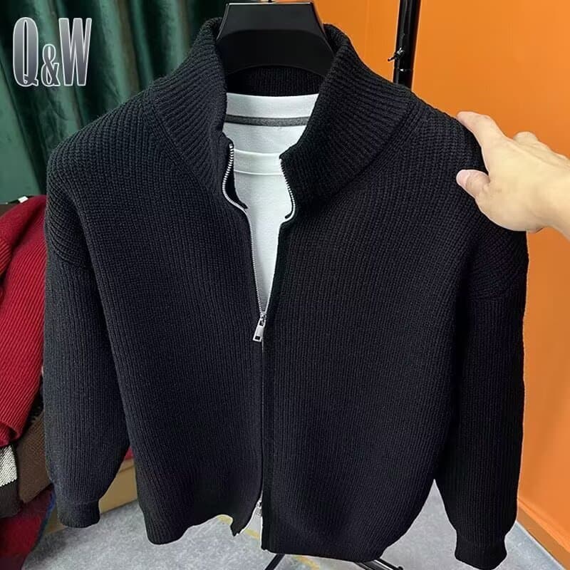 Men's Clothing Versatile Solid Color Zipper Slim Fit Zip-Up Knit Cardigan - Solid Color Stand Collar Pullover Sweater For All Seasons (Grey, Black)