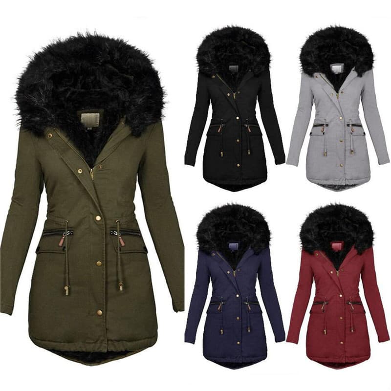 Women's Clothing Women's Solid Color Fur Collar Hooded Mid-length Thickened Warm Cotton Coat For Women
