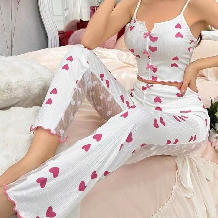 Women's Sleepwears Printed Contrast Color Stitching Mesh Home Clothes Front Slit Suspender Pajamas Set