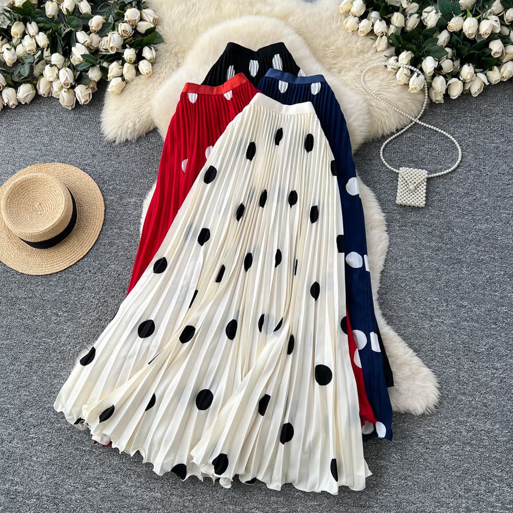 Women's Clothing Retro Polka Dot Pleated Midi Skirt For Women, High Waisted A Line, Slimming, Draped Long Skirt For Commuting.