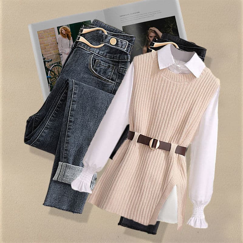 ​​Women's Knit Vest Shirt Jeans 3-Piece Set Slimming High Waist Casual Outfit For Spring Autumn​​ Fashion Trends