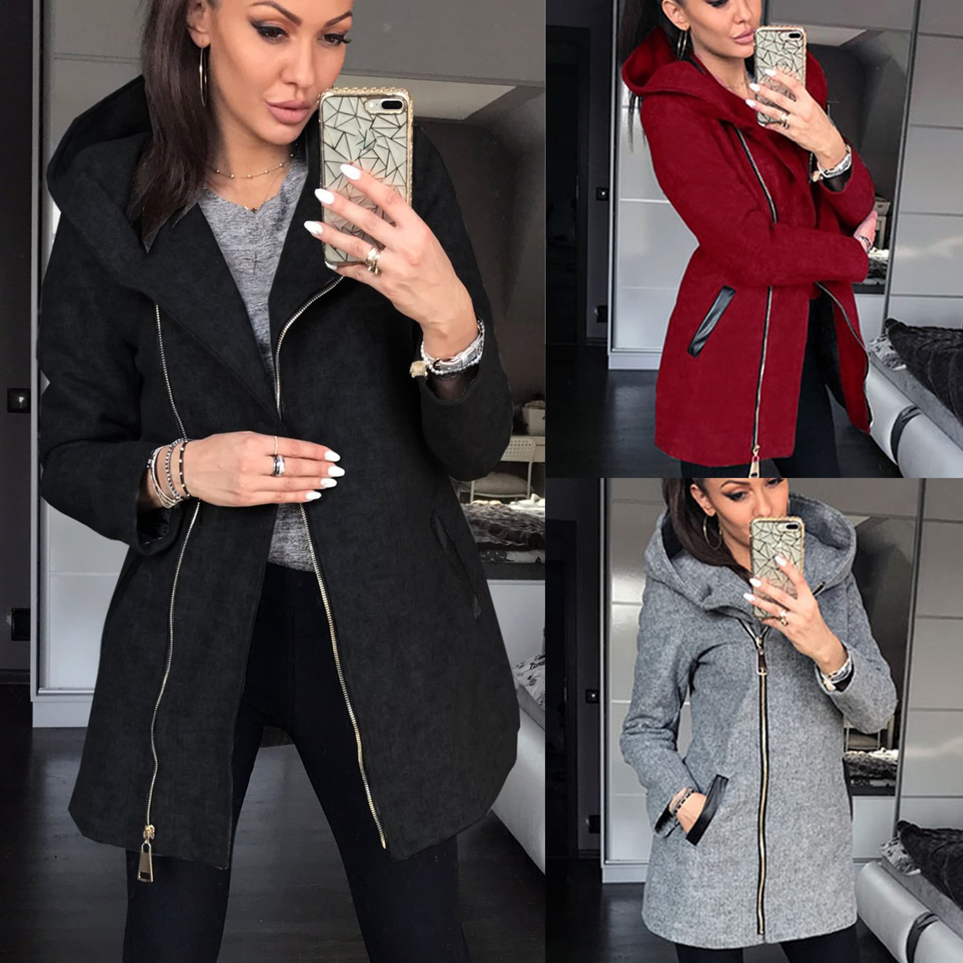 Women's Fleece-Lined Zip-Up Hooded Jacket – Side Zipper Design, Soft & Warm, Trendy Pullover Style (Red/Gray/Black, S-XL)