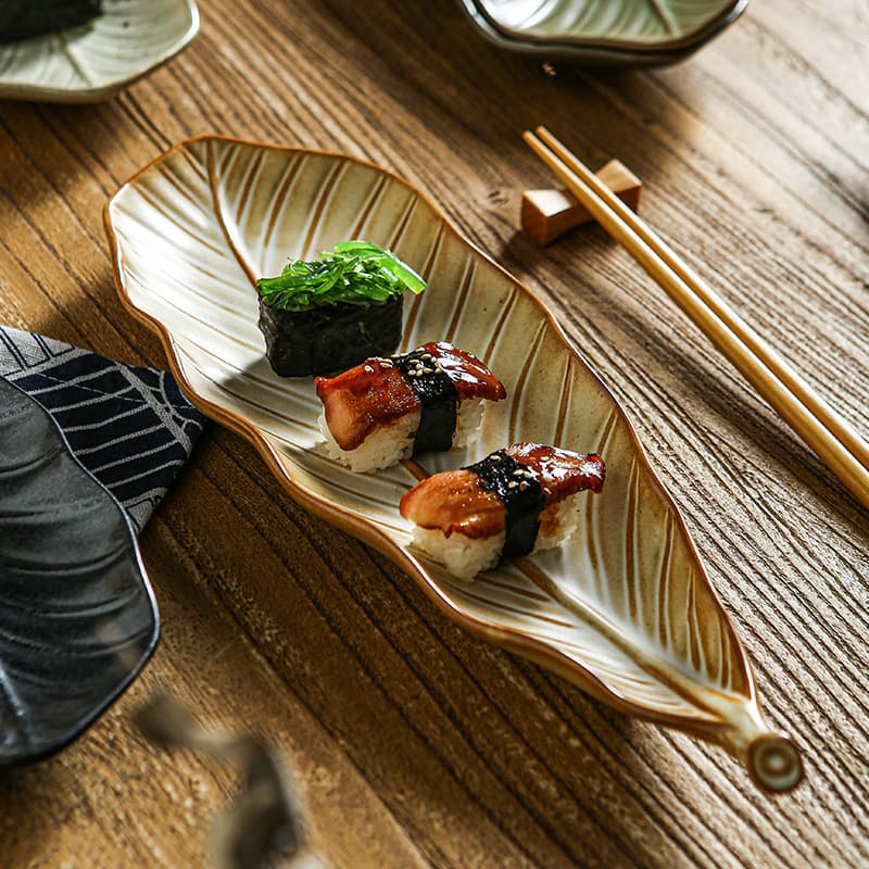 Vintage Leaf Ceramic Platter – Handcrafted Sushi Serving Tray With Organic Texture, Rustic European-Style Rectangular Dish