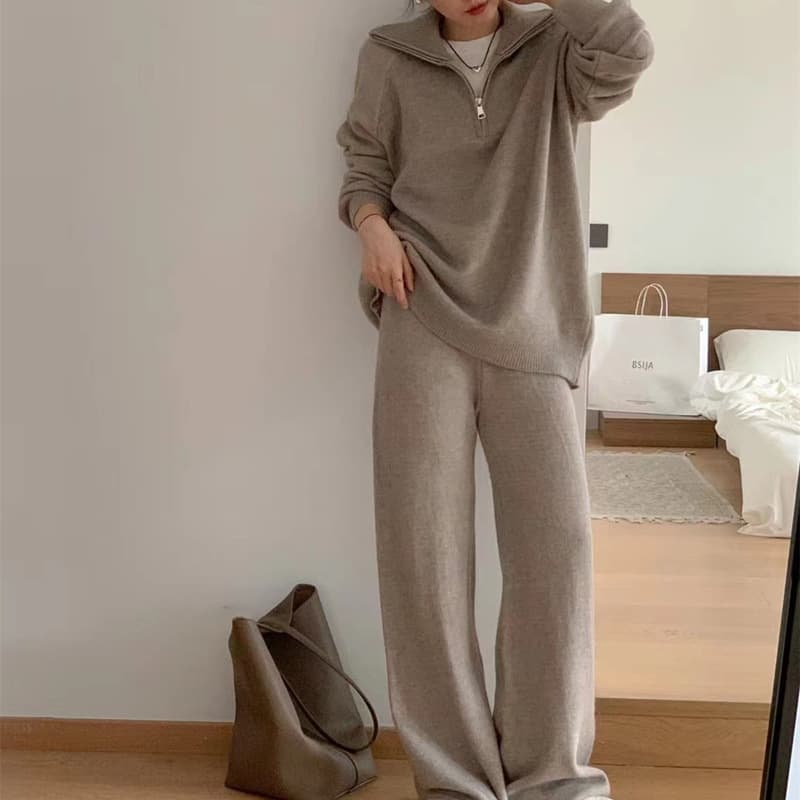 Women's Clothing Milky and gentle style outfit suit loose pullover sweater casual wide leg trousers knitted two piece suit
