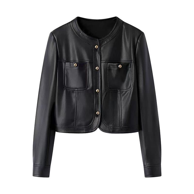 Women's PU Leather Jacket – Chic Chanel-Inspired Cropped Blazer, Slim-Fit Short Coat For Petite, Trendy Spring & Fall Outerwear​​