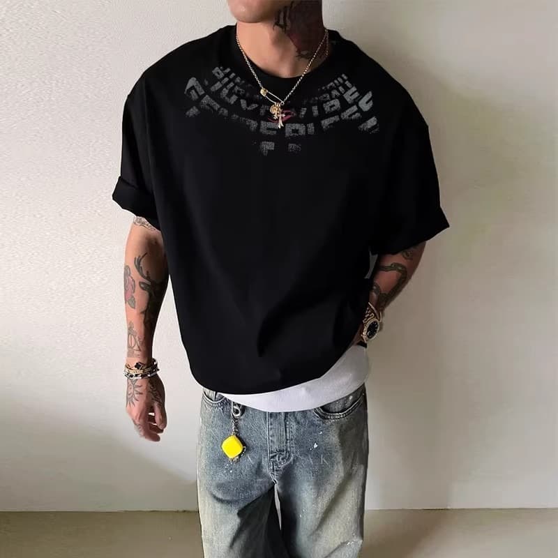 Men's Summer T-Shirt Round Neck Short Sleeve Loose Casual High Street Trendy Top