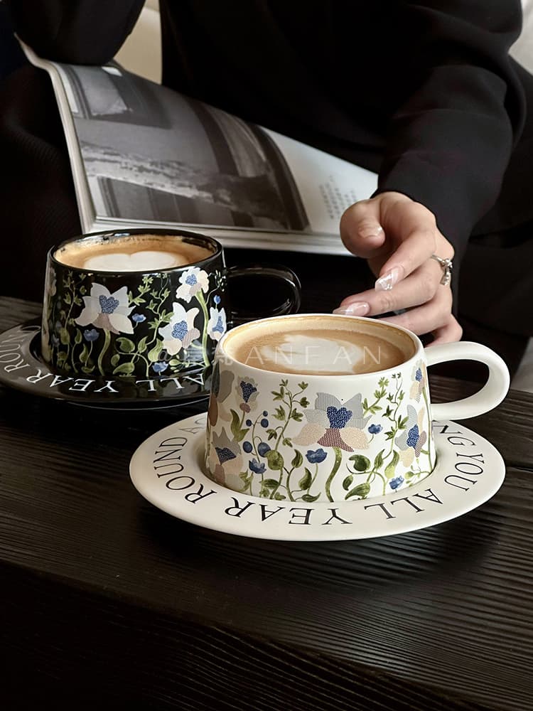 An Fan Oil Painting Bell Orchid Blossom Coffee and Plate Handdrawn Latte Set Gift Ceramic Cup