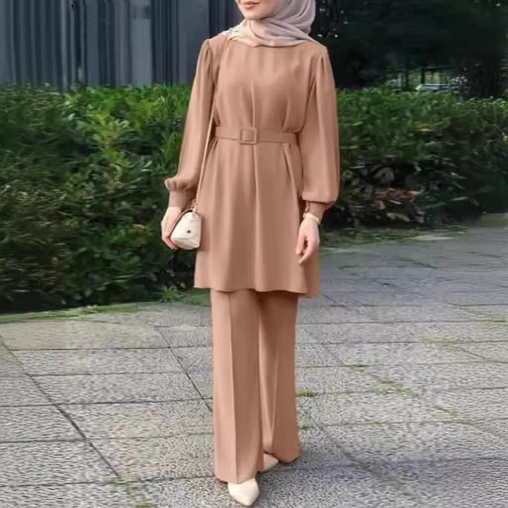 Women's Clothing Middle Eastern Muslim Women's Round Neck Long Sleeve Belt Elastic Waist Top Pants Set