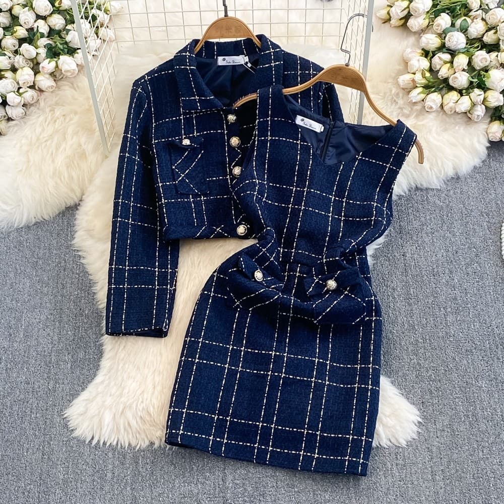 2025 New Autumn Winter Fashion Suit Dress Short Coat Small Blazer Age-Reducing Slimming Woolen Midi Skirt Trendy