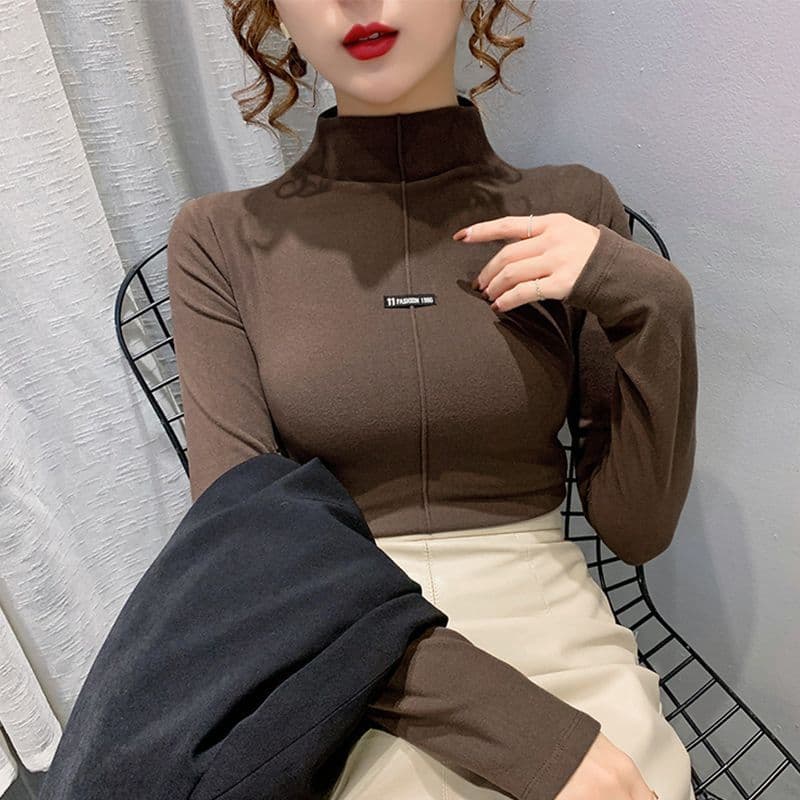Women's Warm Long Sleeve T-shirt Top Western Style Repair Slimming Bottom Shirt Slim Body
