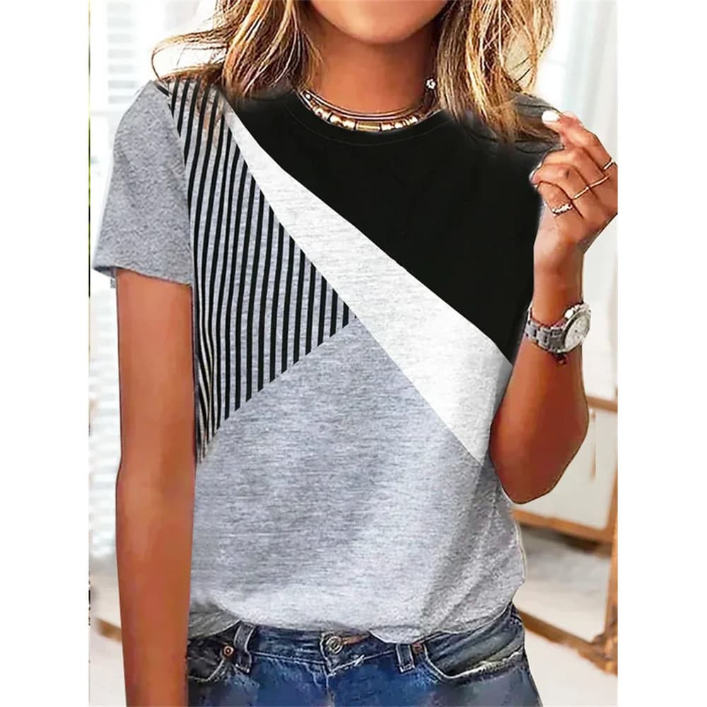 Women's stripe print short sleeved round neck casual top T-shirt for women