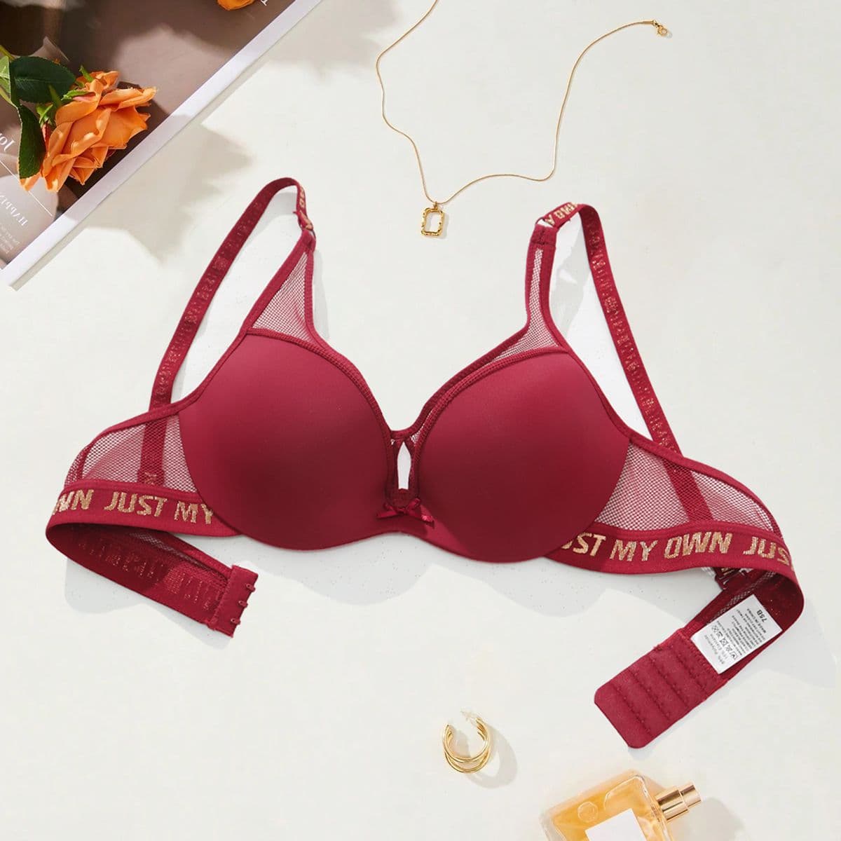BEAUWEAR Thick Pad Push Up Bra With Wire For Small Chest Women Letter Print Mesh Underwear Breathable 75B 80B 85B 90B